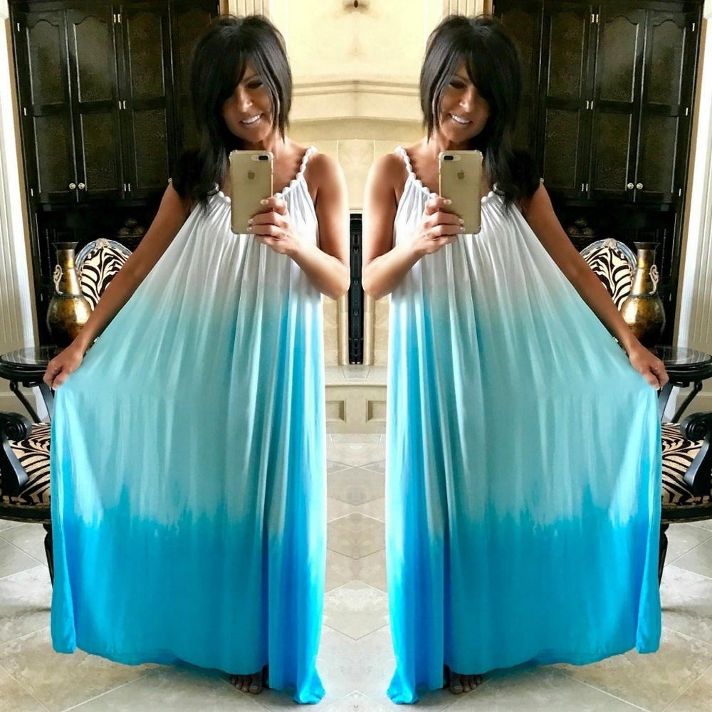 BEACH GYPSY PLUS Aqua White Flowy Maxi Dress 1X 2X